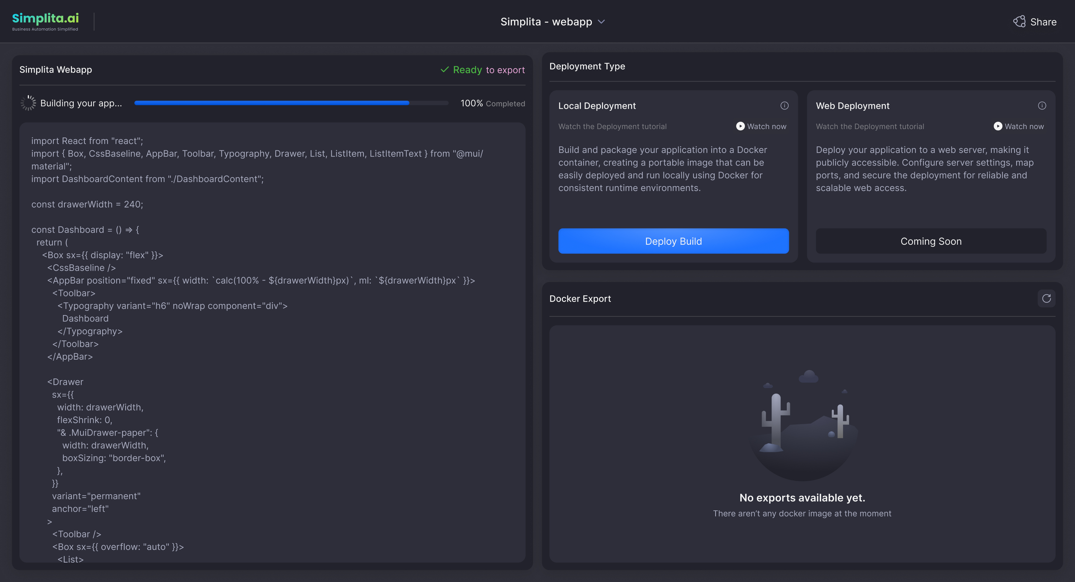 Deployment Engine interface showing build progress and deployment options