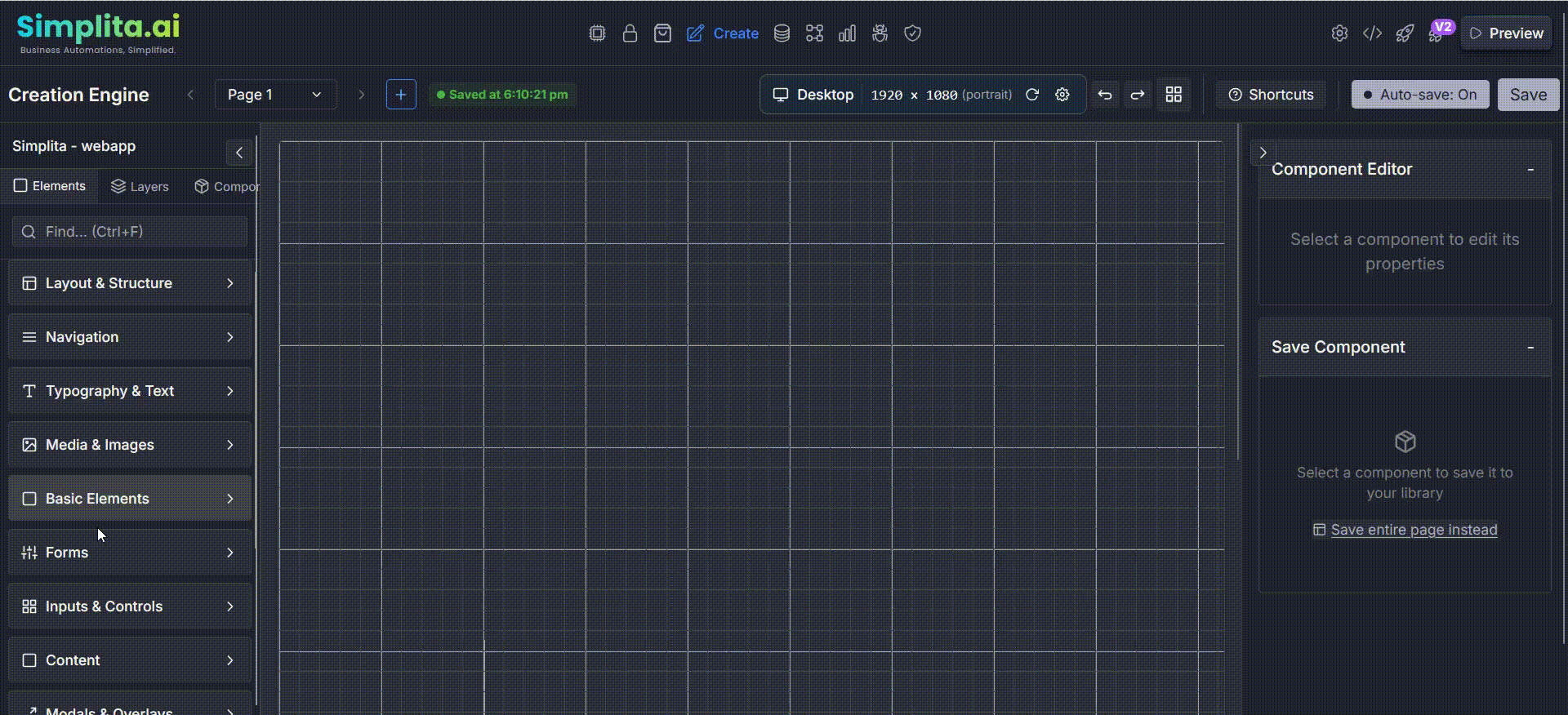 Creation Engine interface showing modular builder with navigator and components